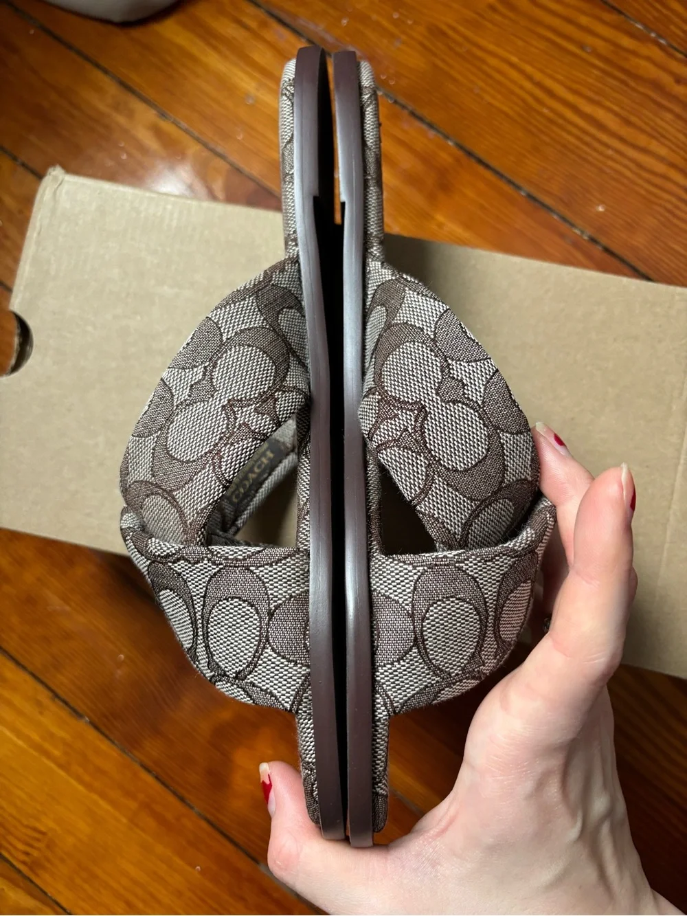 Coach Link Criss Cross slide sandals in Signature Brown Jacquard